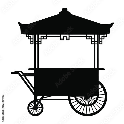 Traditional asian street food cart silhouette with ornate pagoda style roof