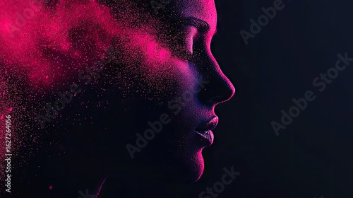 A vibrant profile of a person with pink particles.
