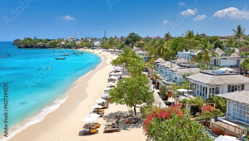 Tropical beach town panorama.  Bright turquoise water meets white sand.  Palm trees line the shore.  Buildings line the beach.  Sunny day
