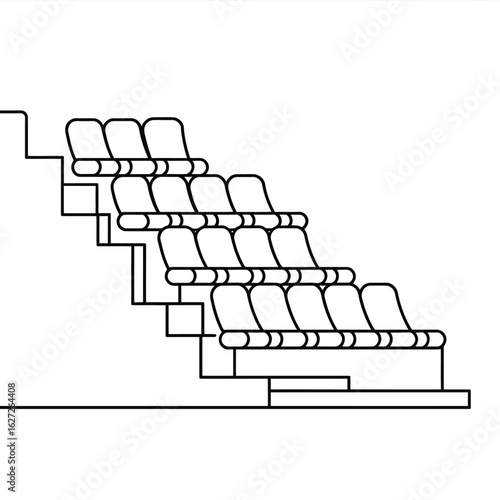 Row of empty stadium seats on tiered bleachers in a simple line drawing