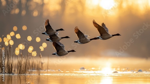 Golden hour flight of Canada geese over tranquil water.