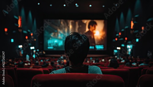 A moviegoer in a darkened cinema
