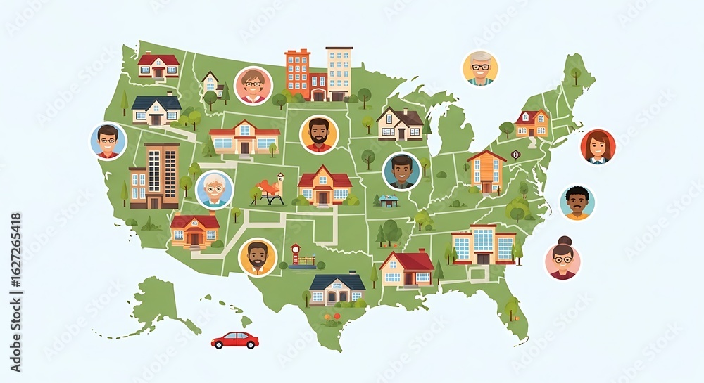 Fototapeta premium A map of the usa showcasing diverse communities and locations, isolated on white background
