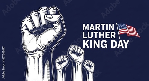 Illustration of martin luther king day with raised fists and american flag on dark blue background