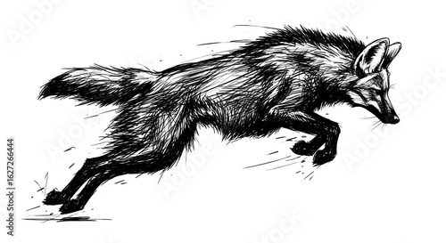 sketch of a Brazilian maned wolf lobo-guará in a powerful mid-air leap, charcoal drawing, scribbled lines, drawing, illustration, dangerous, scary, 