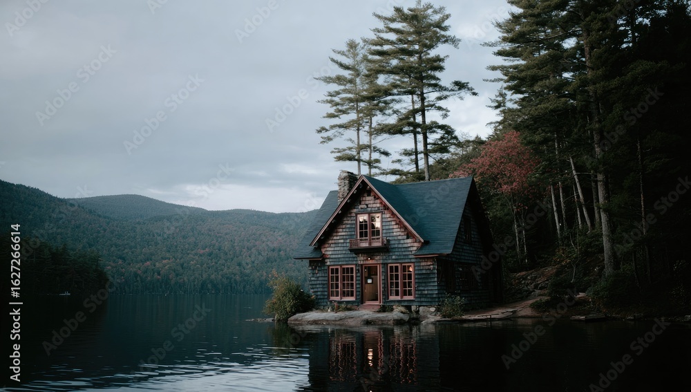 Naklejka premium Rustic cabin on a lake shore, surrounded by woods