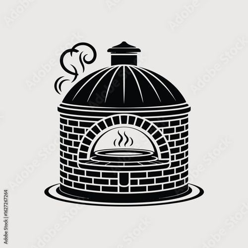 Rustic black and white illustration of a brick pizza oven with smoke
