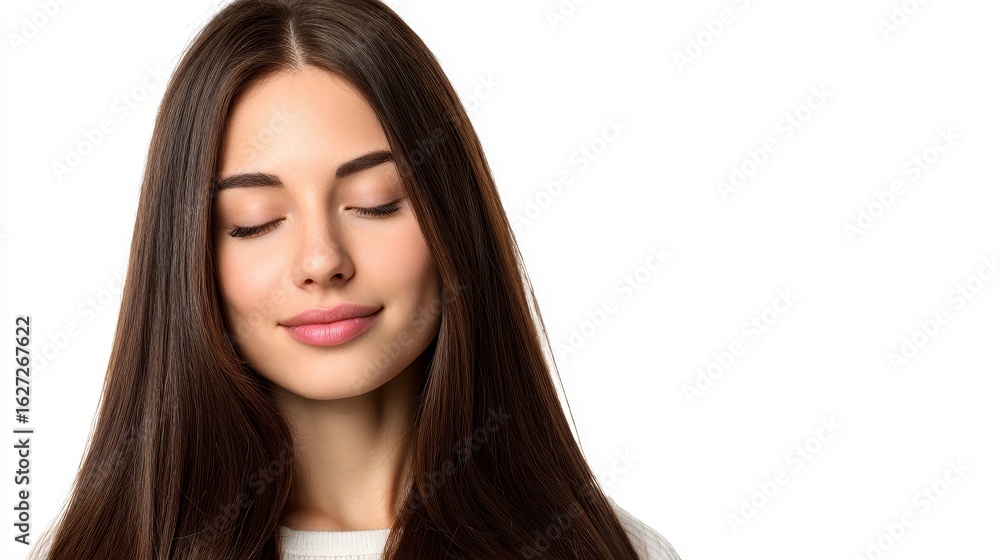 Naklejka premium Timeless elegance, portrait of a woman with long brown hair in classic white shirt.