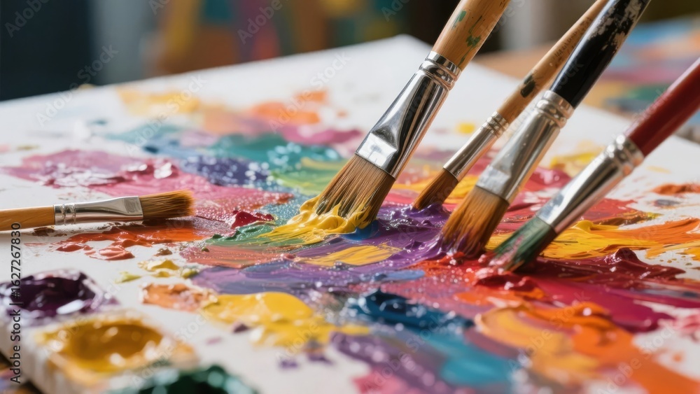 Fototapeta premium Artistic Palette with Paintbrushes and Vibrant Colors