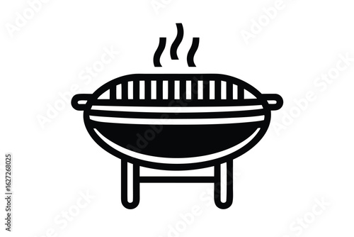 Black and White Icon of Smoking Round Grill for Outdoor Barbecue Cooking