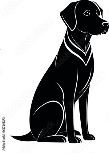 Black labrador retriever dog sitting patiently in silhouette