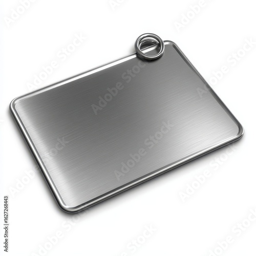 Rectangular metal tag with a ring attachment.