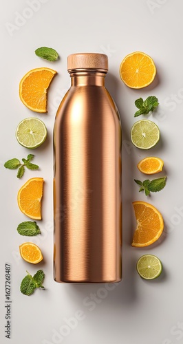 Copper water bottle surrounded by citrus and mint