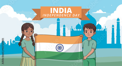 India Independence Day. Children holding Indian flags