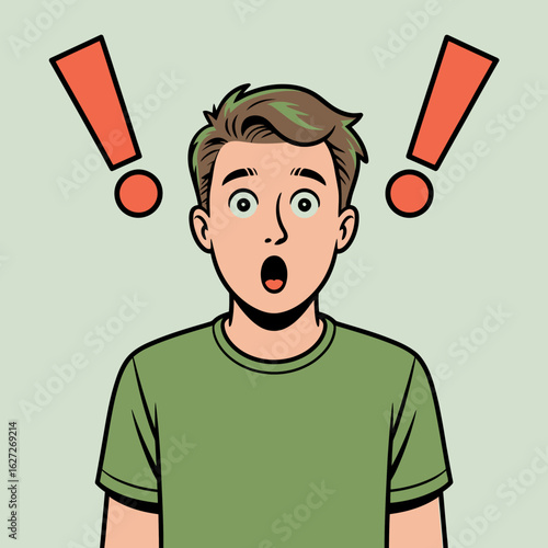 Shocked Young Man With Exclamation Marks Above His Head Showing Surprise and Amazement