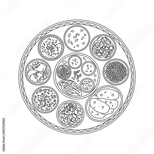 Overhead view of a circular platter filled with various small dishes and appetizers