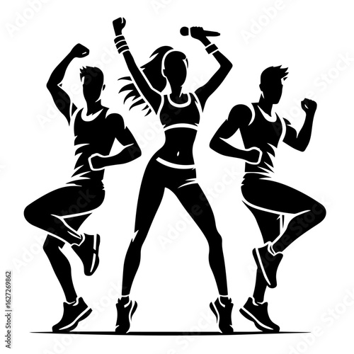 Black and white silhouette vector of zumba move on white background