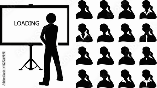 Silhouette of a person standing next to a screen that says loading and silhouettes of people on phones