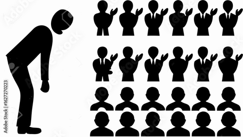 Silhouette of a person bending over next to a group of silhouetted figures in a grid formation