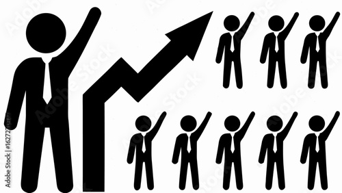 A group of stick figures in suits with raised hands next to an upward trending arrow graph chart silhouette