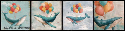 Playful illustrations of whales floating through the sky with colorful balloons, blending fantasy and innocence in textured, childlike artwork.