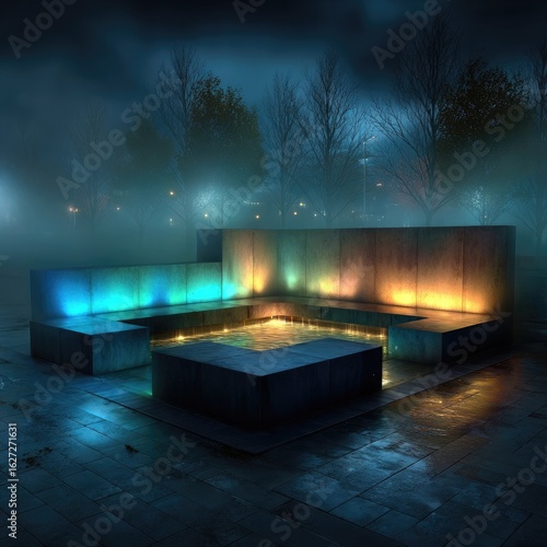 Foggy urban plaza at night with lit benches and water feature