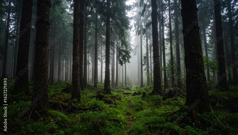 Fototapeta premium Serene pathway through a dense coniferous forest shrouded in morning mist and covered in lush green moss.