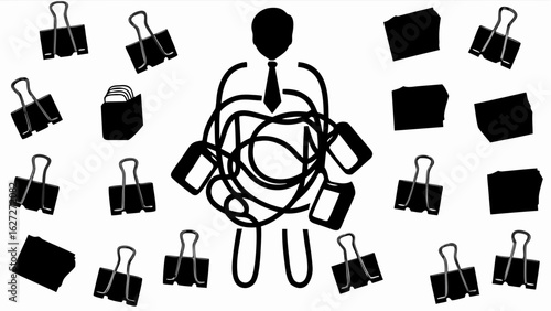 Illustration of a person tangled in cables surrounded by binder clips and stacks of paper documents silhouette