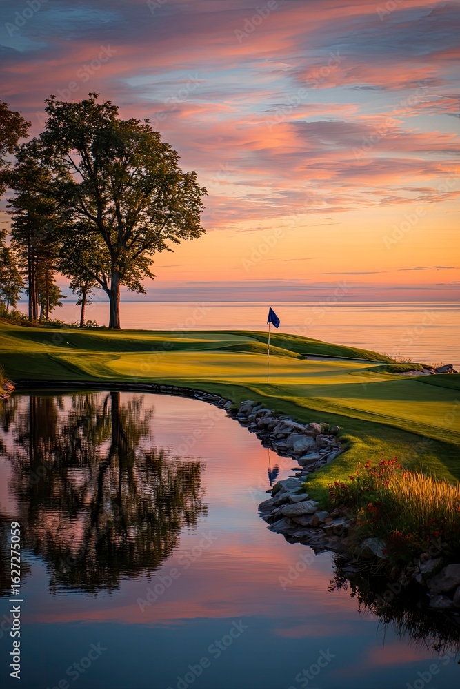 Obraz premium Golf course green with pond reflecting sunset over ocean for tourism promotion