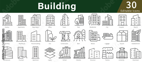Building Line Icons Set with Editable Stroke for Architecture, Construction, Real Estate, and Urban Structures