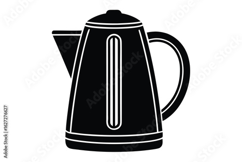 Black and White Kettle Illustration with Water Level Indicator and Comfort Grip Handle Design