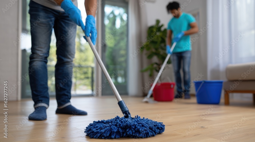 Fototapeta premium Home cleaning action by two people in a modern living room environment with mops and buckets