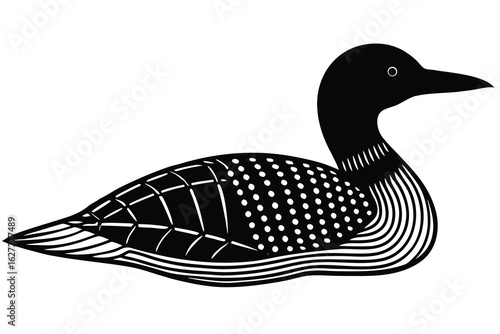Black and White Loon Illustration with Striking Patterns and Detailed Design Elements