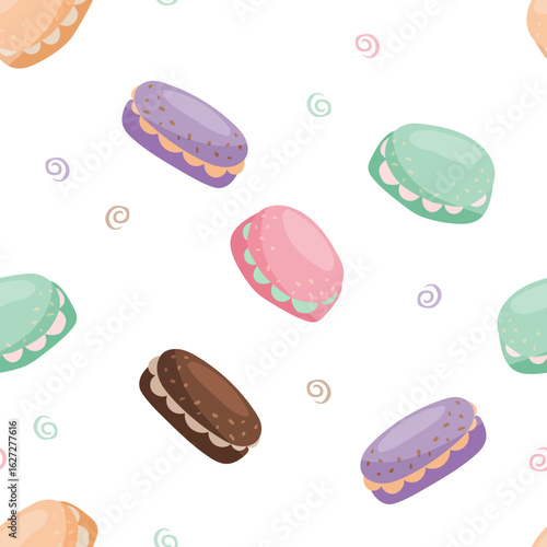 Sweet seamless pattern featuring colorful macarons in pastel shades, scattered with playful decorative swirls. Ideal for confectionery, packaging, textiles and sweet themed designs
