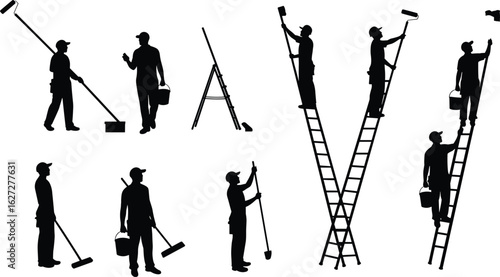 Silhouette of construction workers painting, using ladders, carrying paint buckets, cleaning floor, teamwork concept, home renovation, tools, roller brush, repair work
