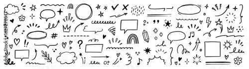 Wallpaper Mural Line brush heart vector set. Hand drawn sketch doodle style arrow, cloud, star with marker stroke pencil highlight. Cute handwritten crown, heart, star line brush art design. Vector illustration Torontodigital.ca