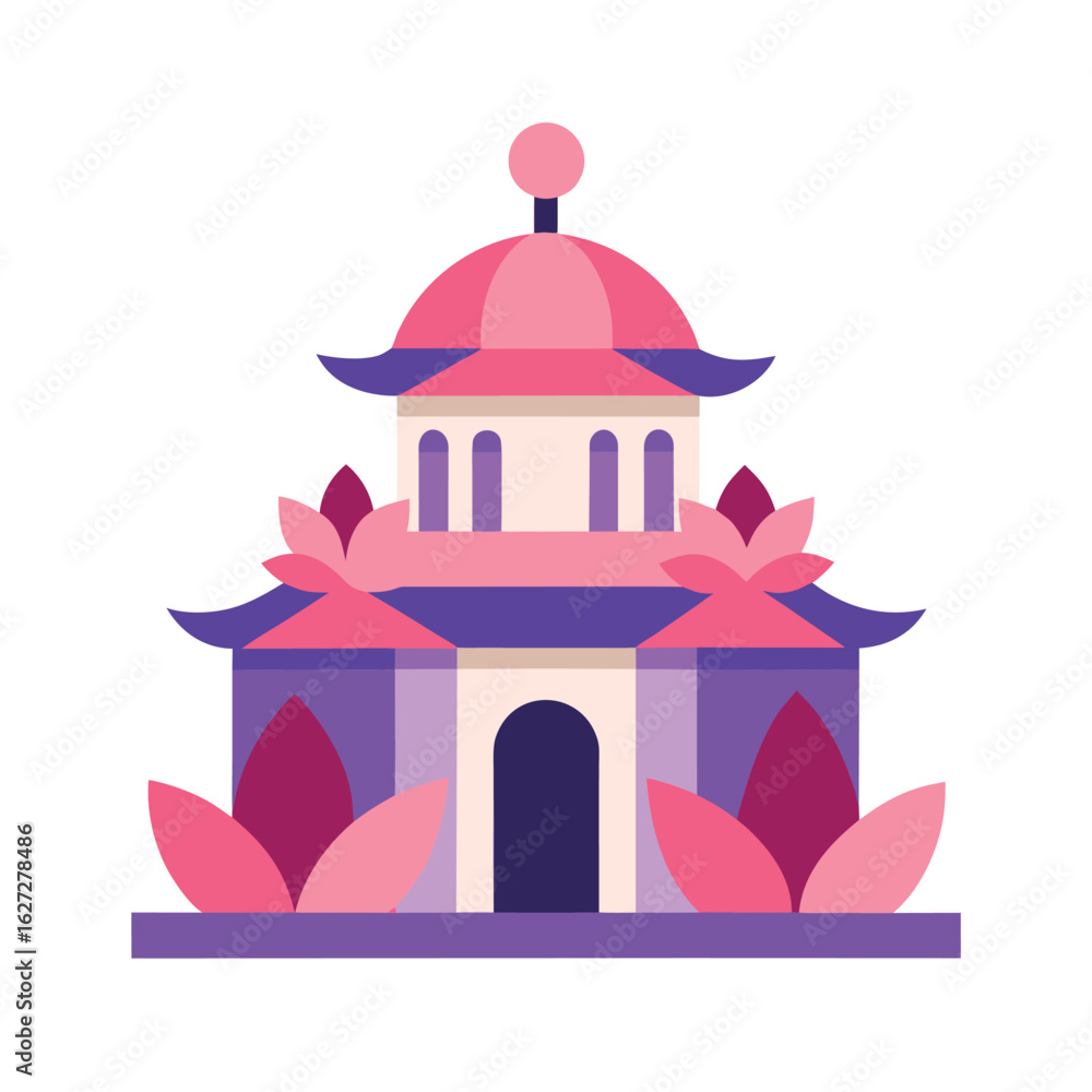 Fototapeta premium Pink and Purple Pagoda Building with Lotus Flowers on White architecture temple