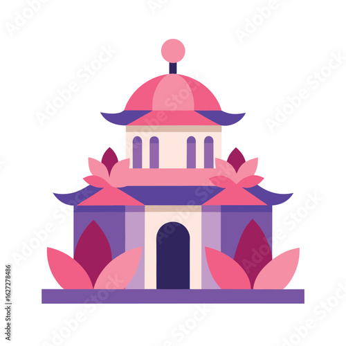 Pink and Purple Pagoda Building with Lotus Flowers on White architecture temple