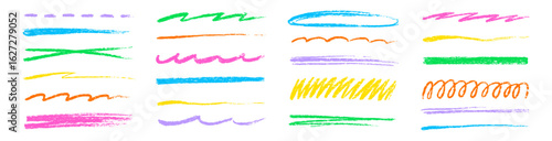 Line crayon pencil underline color set. Hand drawn colorful brush, chalk and marker stroke in sketchy kid art style. Rough crayon pencil texture highlight divider element. Vector illustration
