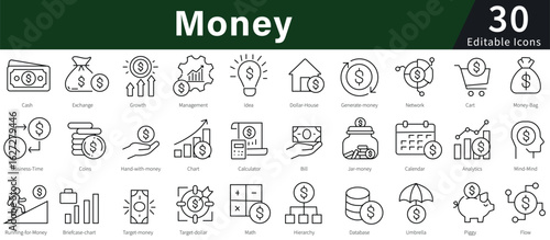 Money Line Icons Set with Editable Stroke for Finance, Currency, Banking, and Financial Management
