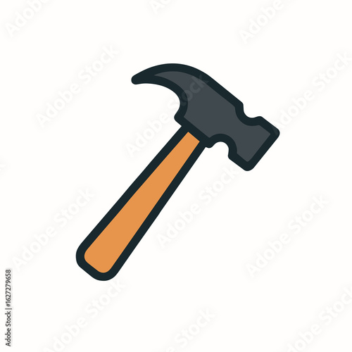 Hammer Illustration: Construction Tool Icon in Flat Design Style with Orange Handle and Black Head