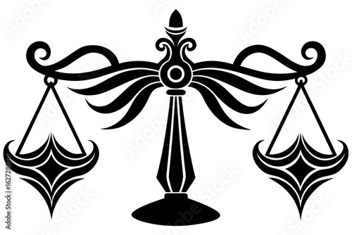 Butterfly-winged scales of justice, a vintage chandelier, and a black tribal cross are featured in this vector illustration