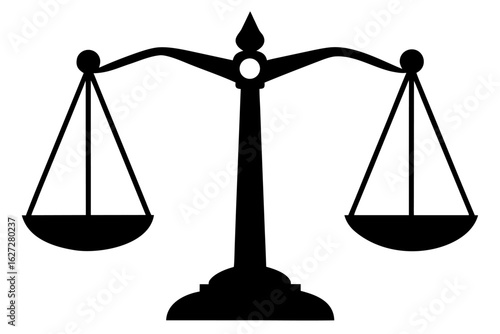 Golden scales of justice symbol with a brass-colored weight and a legal measuring instrument for equality and law