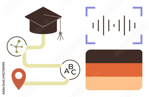 Graduation cap over a route connecting learning destinations and concepts, language waveform, and German flag. Ideal for education, e-learning, progress tracking, global studies, language learning
