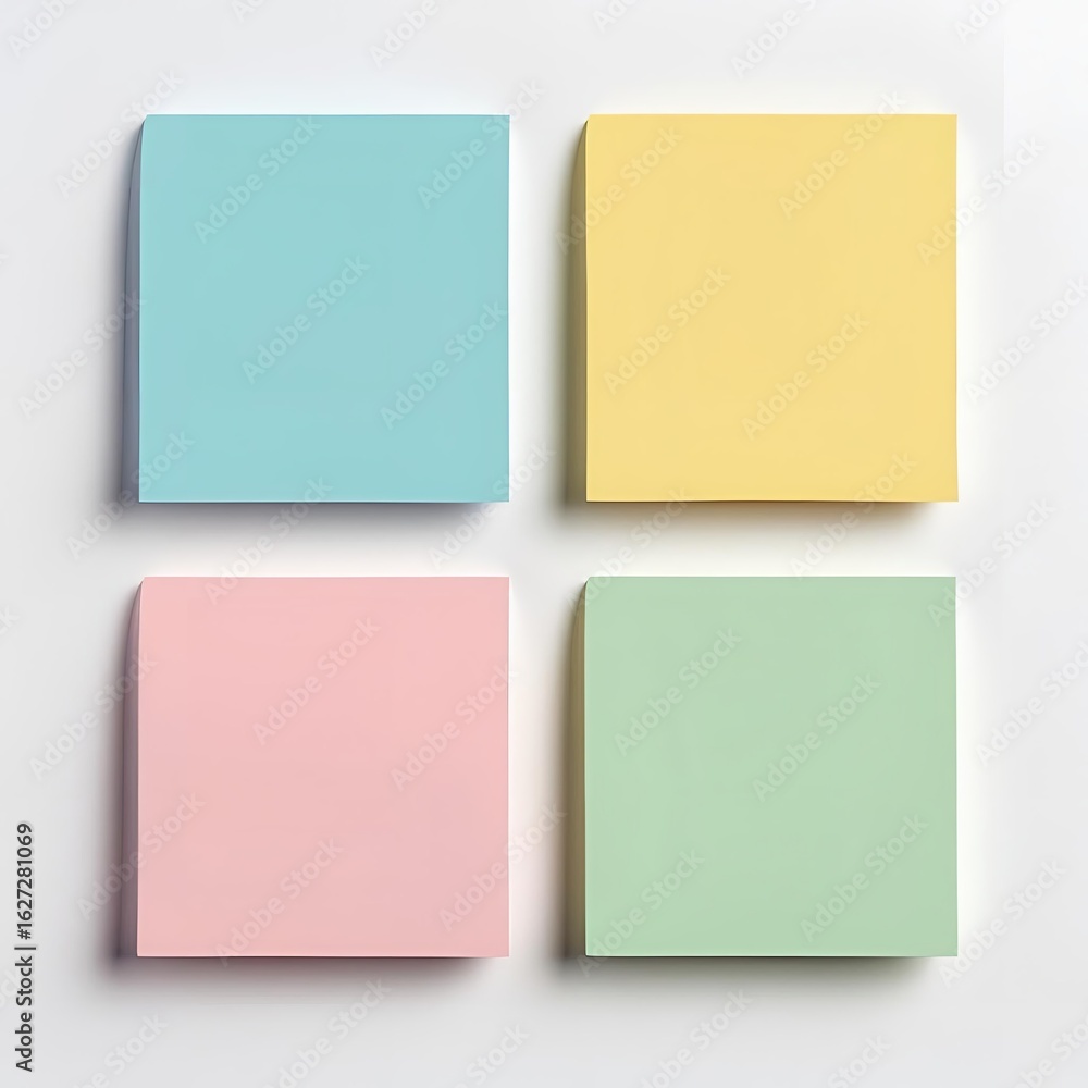 Set of four blank square sticky notes in vibrant pastel shades. Colorful memo pads in blue, yellow, green, and pink. Flat design illustration isolated on a white background for reminders and lists Set of four blank square sticky notes in vibrant pastel shades. Colorful memo pads in blue, yellow, green, and pink. Flat design illustration isolated on a white background for reminders and lists