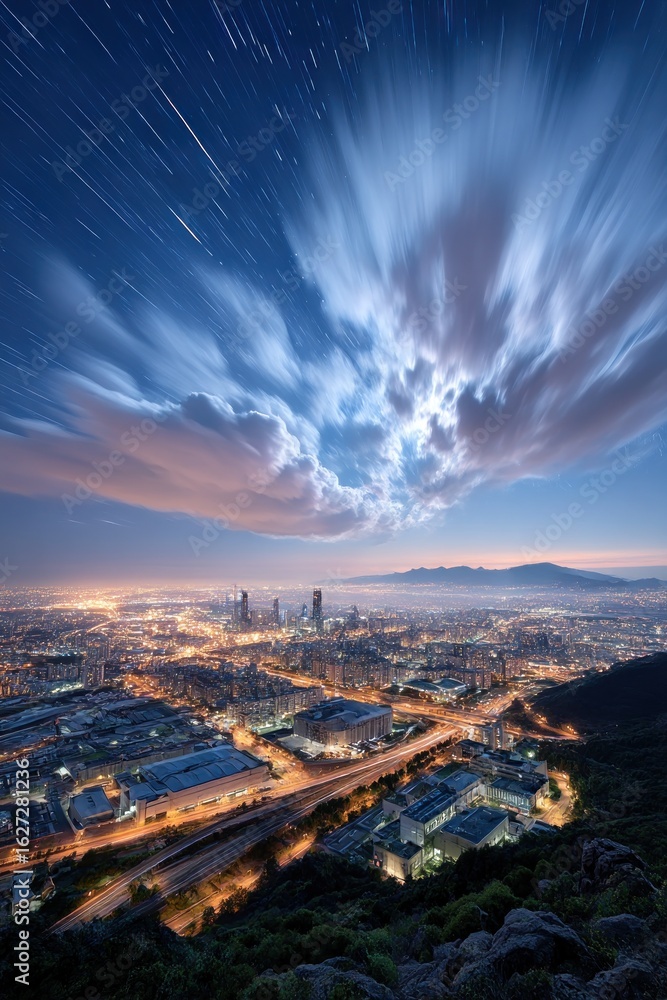 Obraz premium City lights, star trails, and clouds at dawn