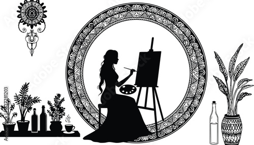 Silhouette of woman painting artwork, sitting in mandala frame, indoor plants, vintage decor, creative art studio, peaceful elegant setting