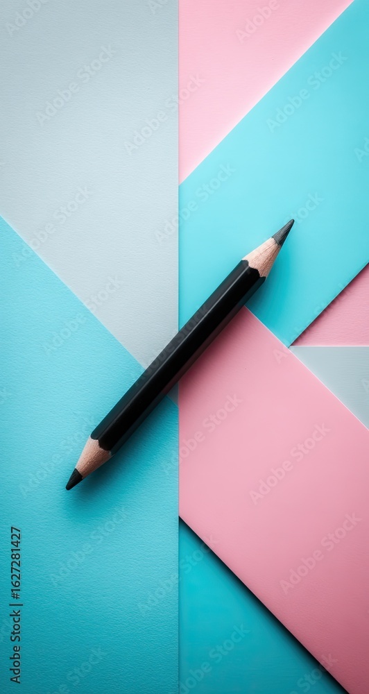 Black pencil on a vibrant, geometric background of light blue, light gray, and pink Black pencil on a vibrant, geometric background of light blue, light gray, and pink