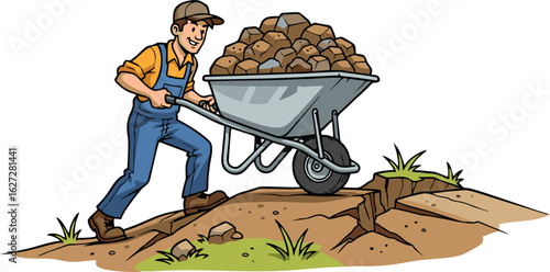 Cartoon Man Pushing Wheelbarrow Full of Rocks Uphill on Rocky Terrain
