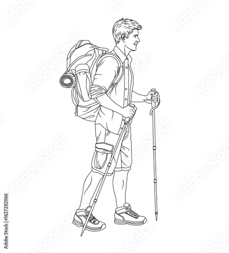 Line art illustration of hiker walking with trekking poles